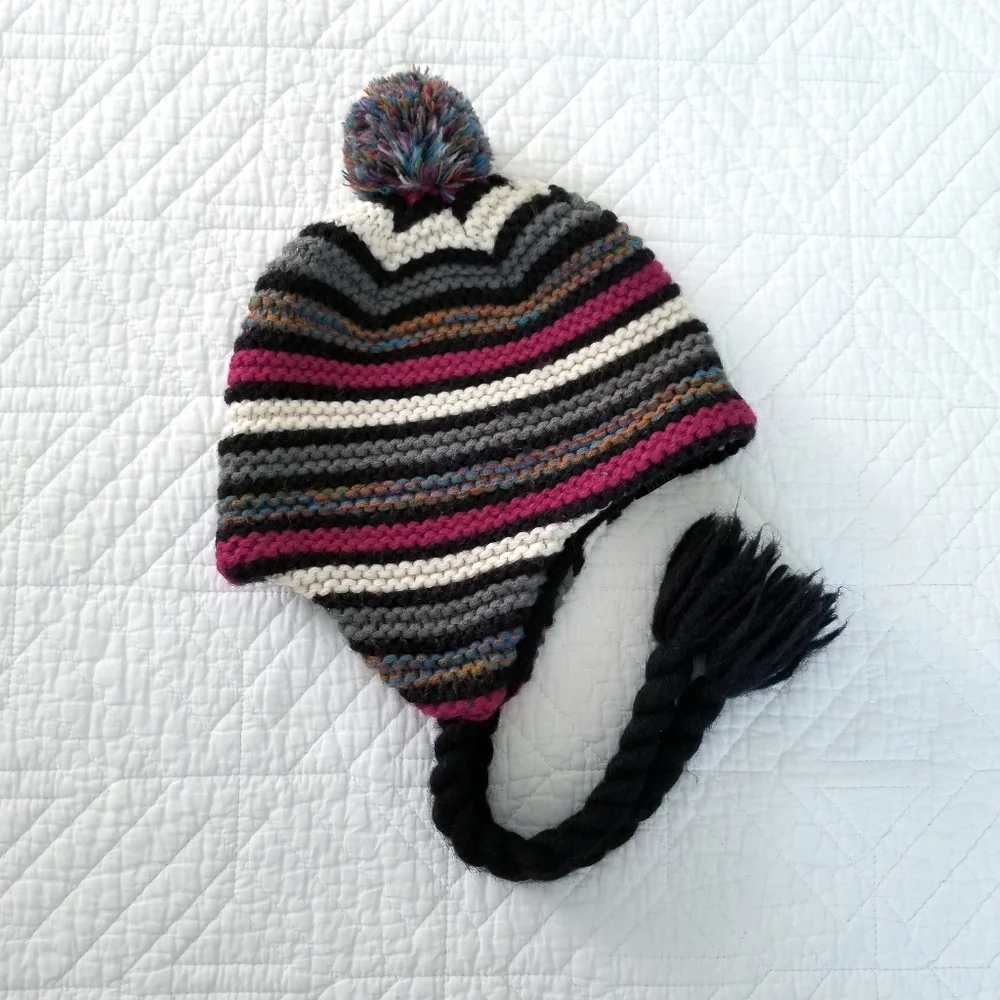 Bula Stripe Wool Knit Pom Pom Ear Flap Tassel Fleece Lined Hat Made In Canada